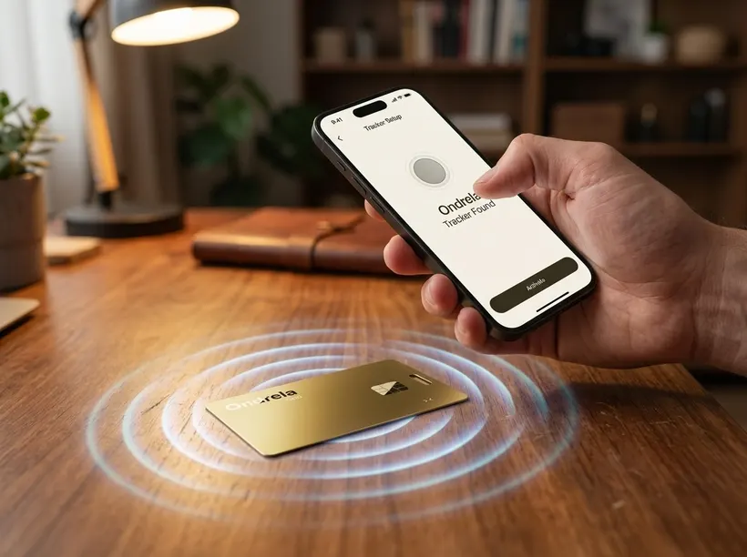 Mano che tiene un telefono mentre abbina la carta Ondrela su una scrivania