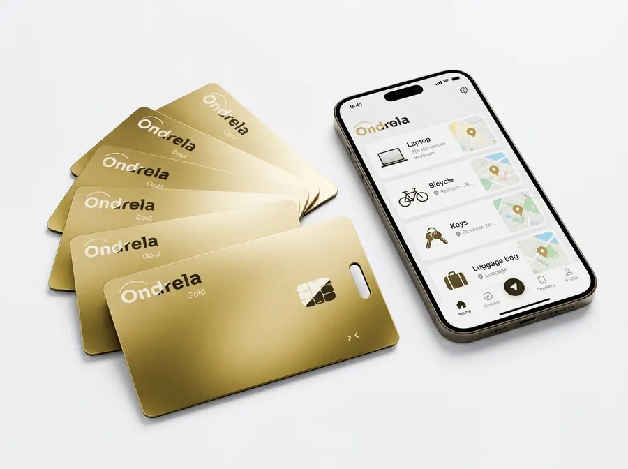 Pacchetto di carte localizzatore dorate Ondrela accanto a uno smartphone che mostra l'app di localizzazione