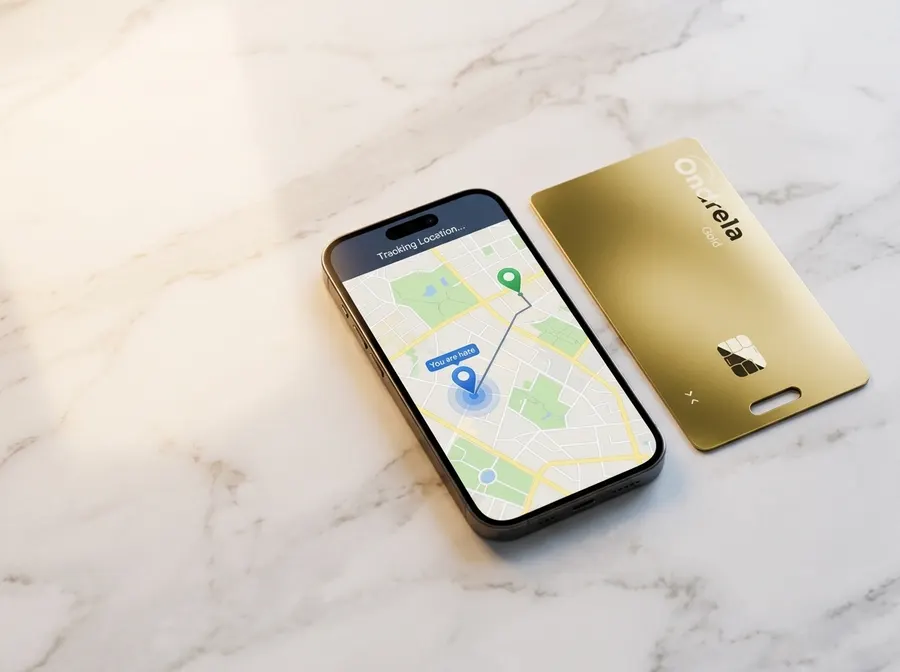 Card localizzatore dorata Ondrela accanto a uno smartphone che mostra su una mappa la posizione della carta